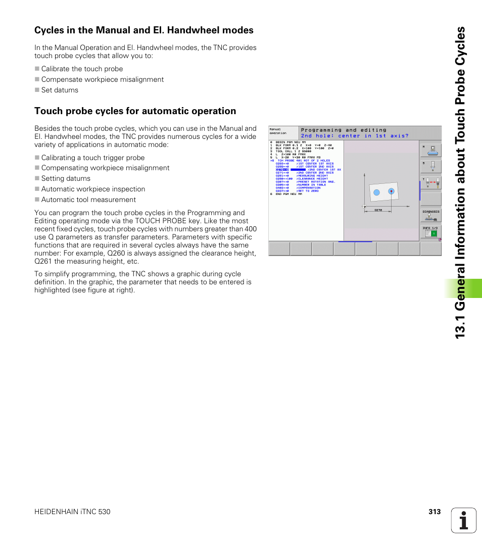 Cycles in the manual and el. handwheel modes, Touch probe cycles for automatic operation | HEIDENHAIN iTNC 530 (340 49x-06) Cycle programming User Manual | Page 313 / 513