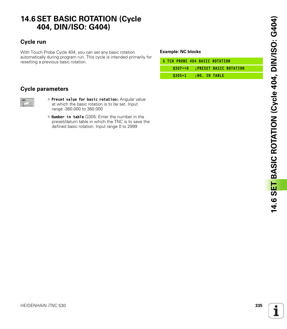 6 set basic rotation (cycle 404, din/iso: g404), Cycle run, Cycle parameters | HEIDENHAIN iTNC 530 (340 49x-06) Cycle programming User Manual | Page 335 / 513