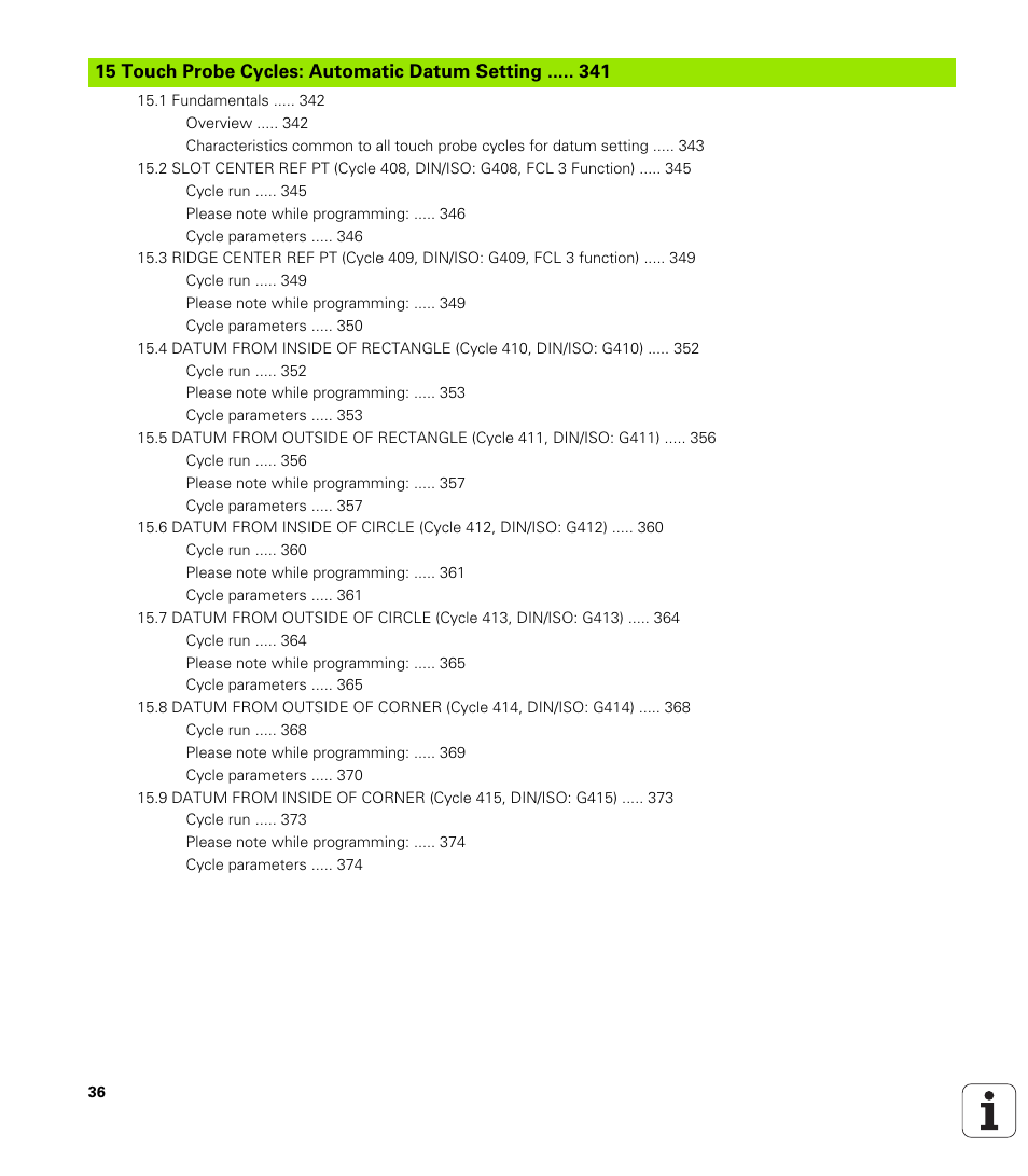 Touch probe cycles: automatic datum setting | HEIDENHAIN iTNC 530 (340 49x-06) Cycle programming User Manual | Page 36 / 513