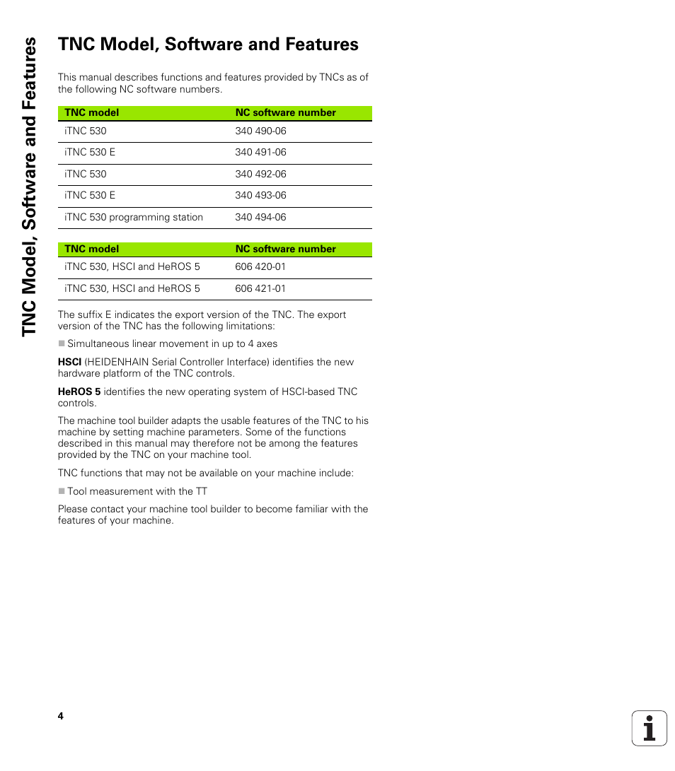 Tnc model, software and features | HEIDENHAIN iTNC 530 (340 49x-06) Cycle programming User Manual | Page 4 / 513