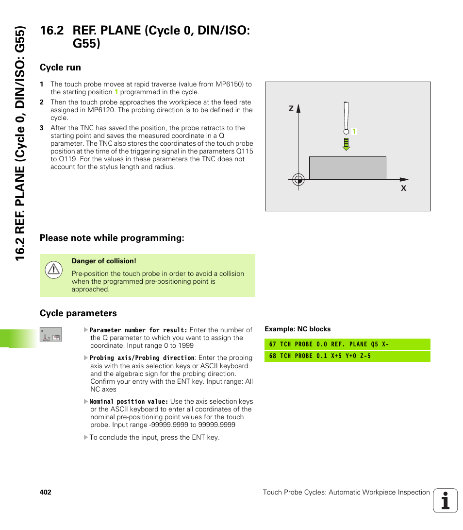2 ref. plane (cycle 0, din/iso: g55), Cycle run, Please note while programming | Cycle parameters | HEIDENHAIN iTNC 530 (340 49x-06) Cycle programming User Manual | Page 402 / 513