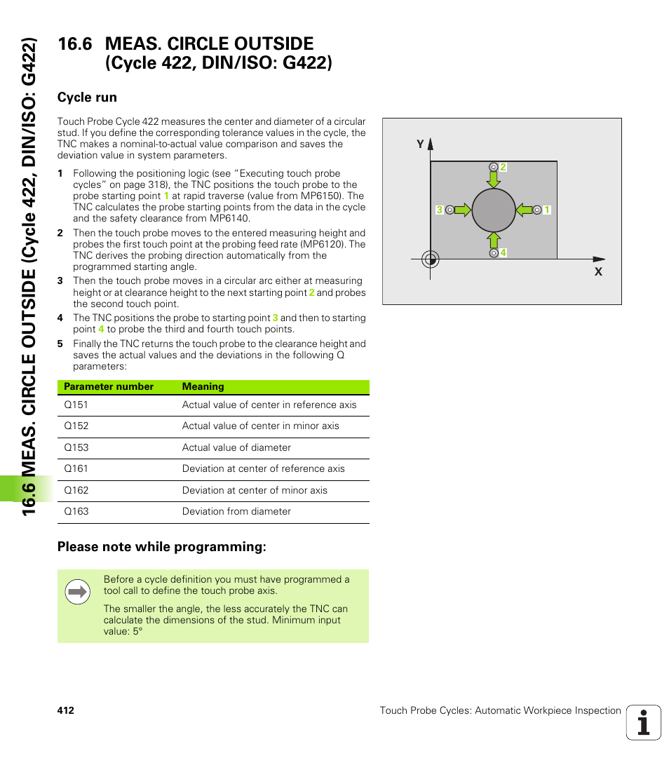 6 meas. circle outside (cycle 422, din/iso: g422), Cycle run, Please note while programming | HEIDENHAIN iTNC 530 (340 49x-06) Cycle programming User Manual | Page 412 / 513