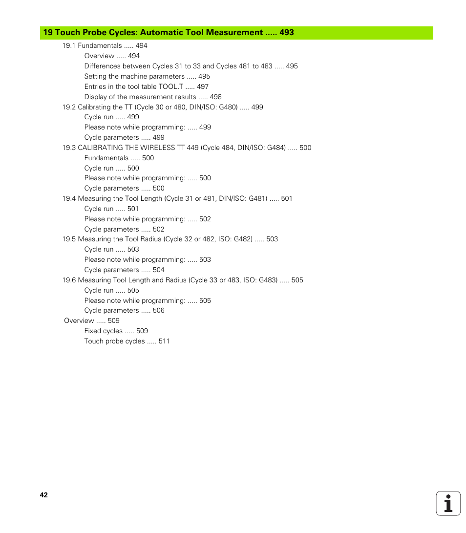 Touch probe cycles: automatic tool measurement | HEIDENHAIN iTNC 530 (340 49x-06) Cycle programming User Manual | Page 42 / 513