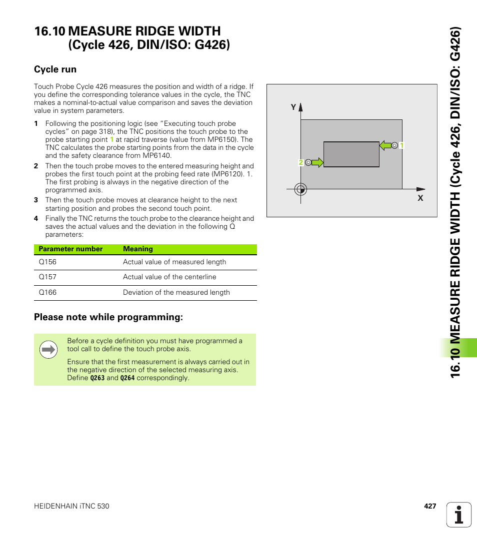 10 measure ridge width (cycle 426, din/iso: g426), Cycle run, Please note while programming | HEIDENHAIN iTNC 530 (340 49x-06) Cycle programming User Manual | Page 427 / 513