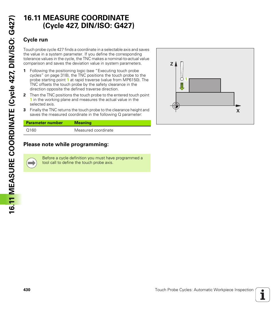 11 measure coordinate (cycle 427, din/iso: g427), Cycle run, Please note while programming | HEIDENHAIN iTNC 530 (340 49x-06) Cycle programming User Manual | Page 430 / 513