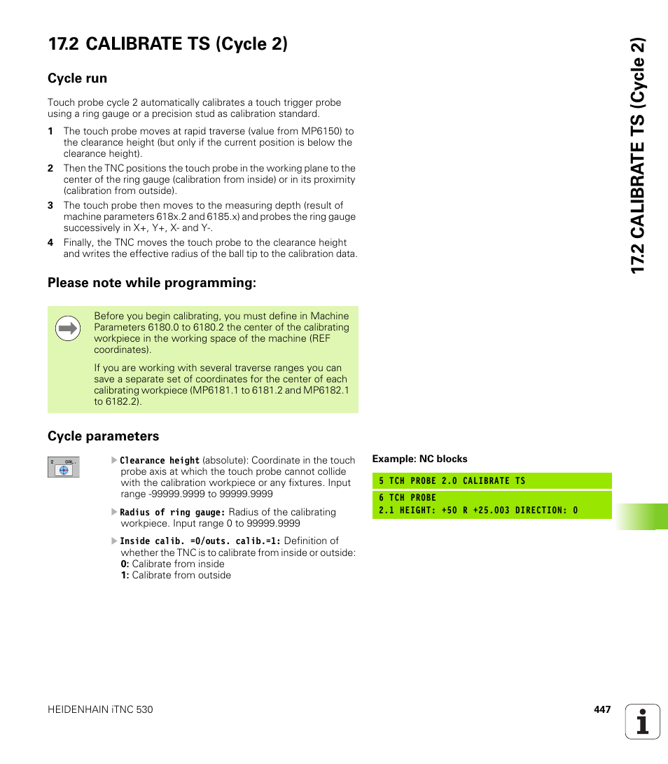 2 calibrate ts (cycle 2), Cycle run, Please note while programming | Cycle parameters | HEIDENHAIN iTNC 530 (340 49x-06) Cycle programming User Manual | Page 447 / 513