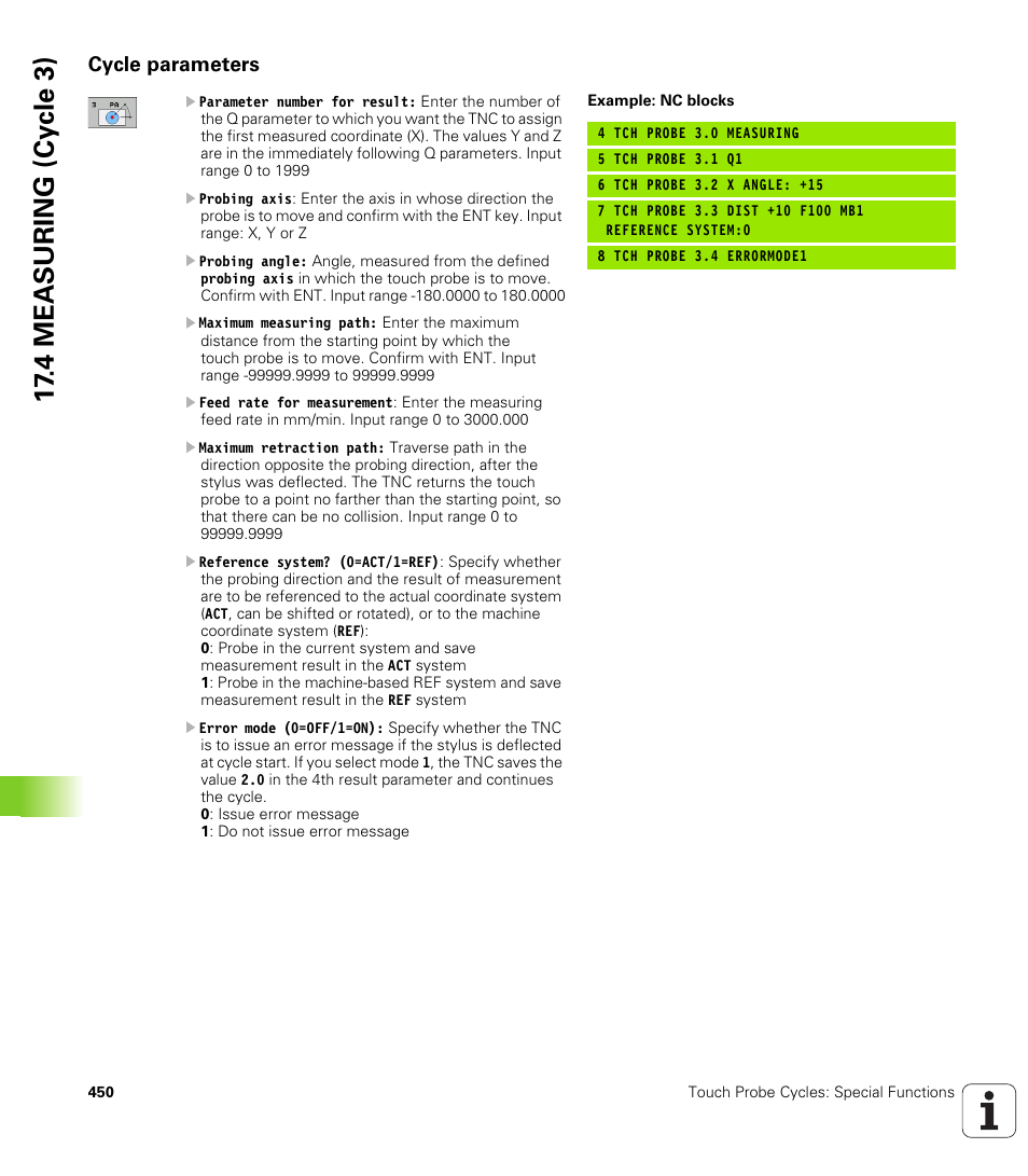 Cycle parameters, 4 mea s uring (cy c le 3) | HEIDENHAIN iTNC 530 (340 49x-06) Cycle programming User Manual | Page 450 / 513