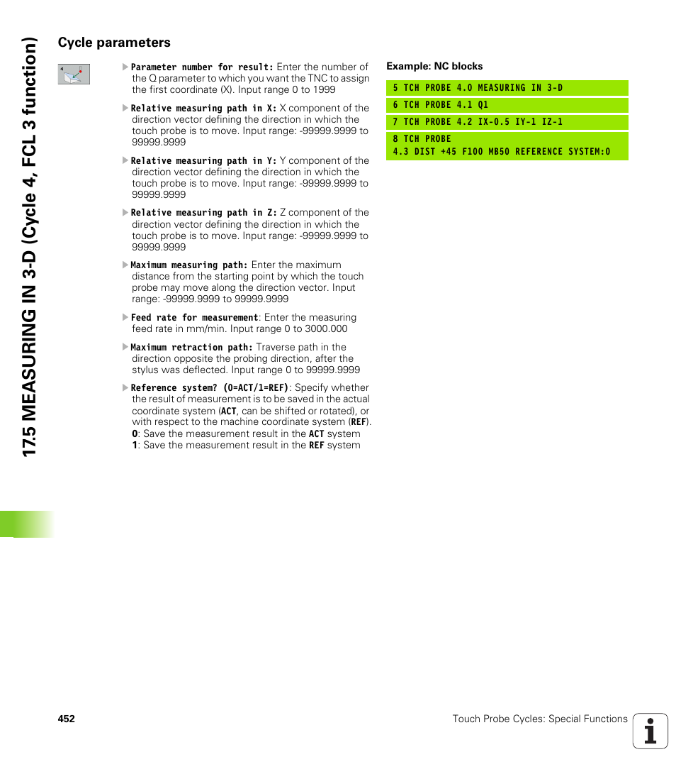 Cycle parameters, 5 mea s uring in 3-d (cy c le 4, fcl 3 function) | HEIDENHAIN iTNC 530 (340 49x-06) Cycle programming User Manual | Page 452 / 513