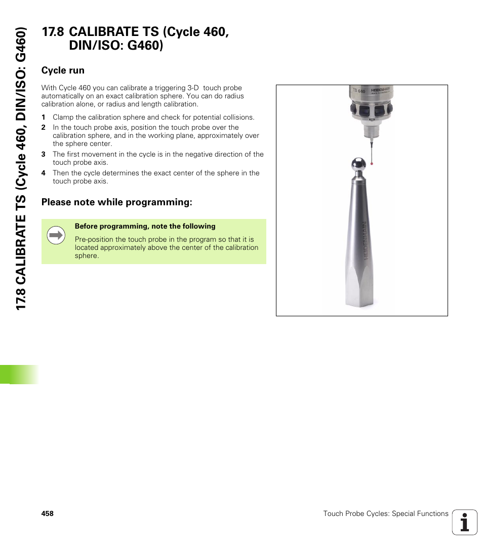 8 calibrate ts (cycle 460, din/iso: g460), Cycle run, Please note while programming | HEIDENHAIN iTNC 530 (340 49x-06) Cycle programming User Manual | Page 458 / 513