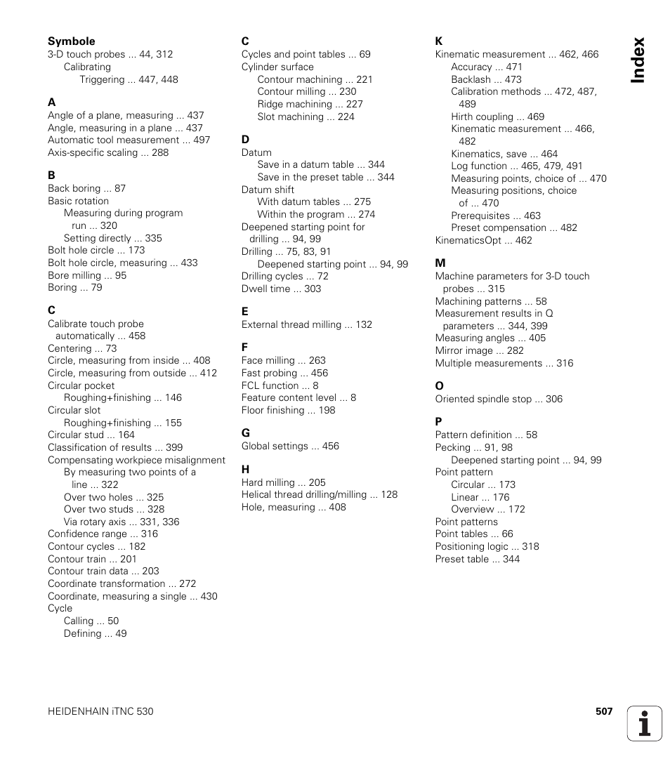 Index | HEIDENHAIN iTNC 530 (340 49x-06) Cycle programming User Manual | Page 507 / 513