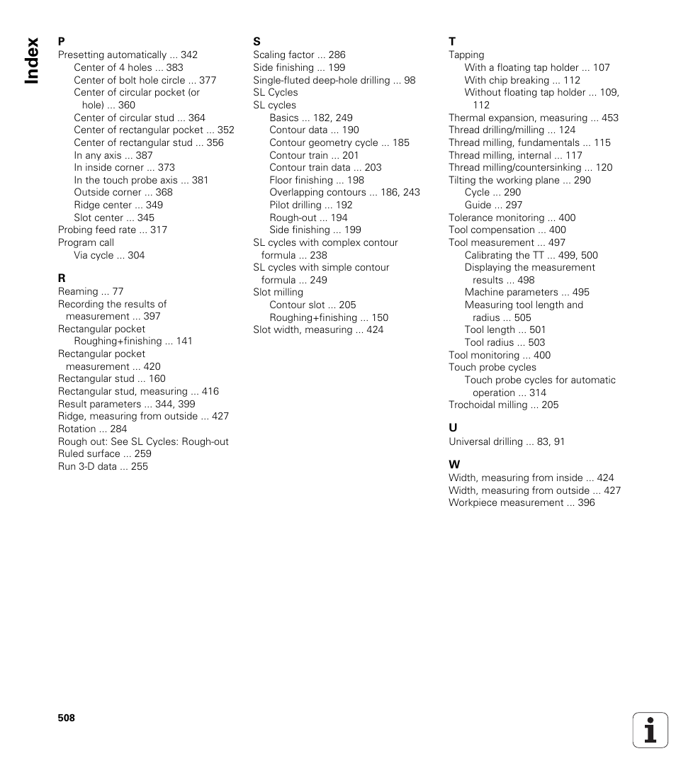 Index | HEIDENHAIN iTNC 530 (340 49x-06) Cycle programming User Manual | Page 508 / 513