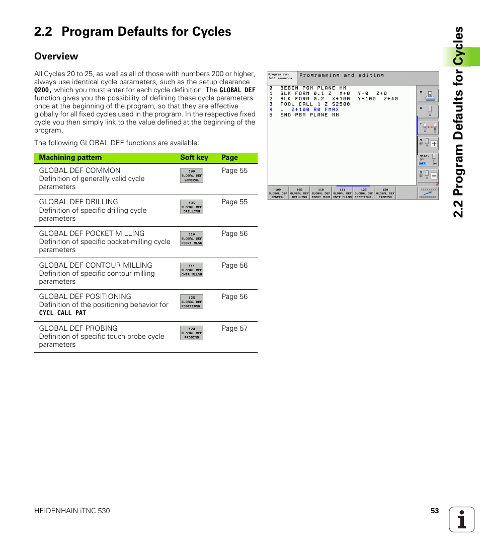 2 program defaults for cycles, Overview | HEIDENHAIN iTNC 530 (340 49x-06) Cycle programming User Manual | Page 53 / 513