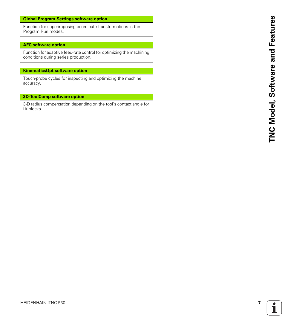 Tnc model, sof tw a re and f eat ur es | HEIDENHAIN iTNC 530 (340 49x-06) Cycle programming User Manual | Page 7 / 513