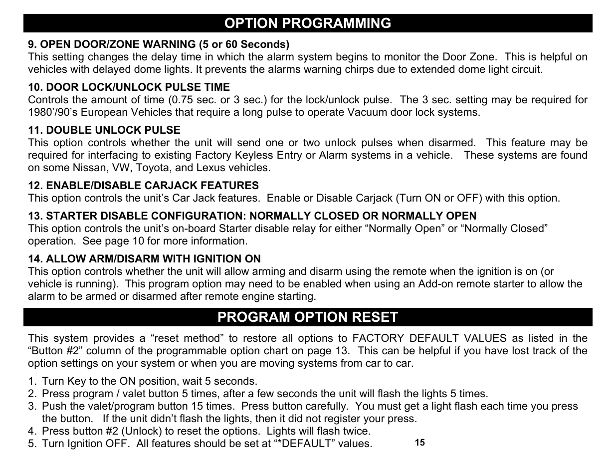 Door lock/unlock pulse time, Double unlock pulse, Enable/disable carjack features | Allow arm/disarm with ignition on, Option programming, Program option reset | Crimestopper Security Products CS-2004DC II User Manual | Page 15 / 24