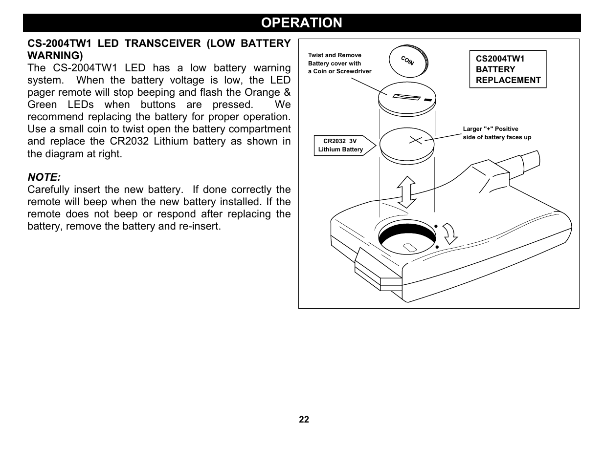 Cs-2004tw1 led transceiver (low battery warning), Operation | Crimestopper Security Products CS-2004DC II User Manual | Page 22 / 24