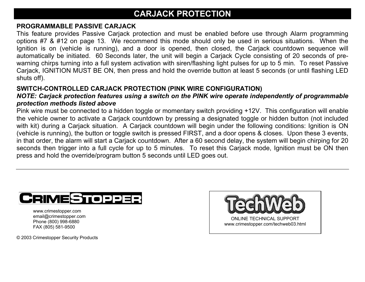 Programmable passive carjack, Carjack protection | Crimestopper Security Products CS-2004DC II User Manual | Page 24 / 24