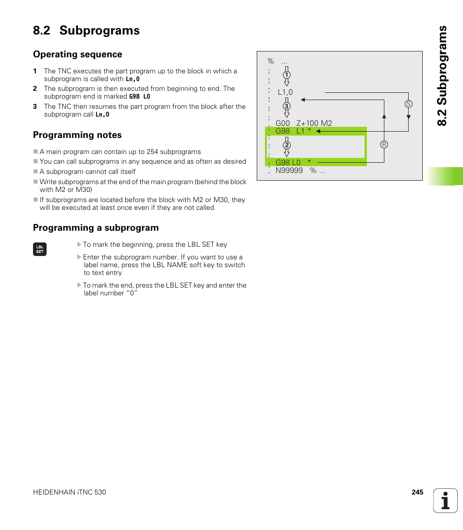 2 subprograms, Operating sequence, Programming notes | Programming a subprogram, 2 subpr ogr a ms 8.2 subprograms | HEIDENHAIN iTNC 530 (340 49x-06) ISO programming User Manual | Page 245 / 640