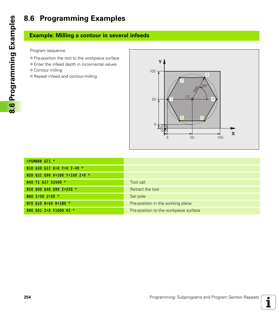 6 programming examples, 6 pr ogr amming examples 8.6 programming examples, Example: milling a contour in several infeeds | HEIDENHAIN iTNC 530 (340 49x-06) ISO programming User Manual | Page 254 / 640