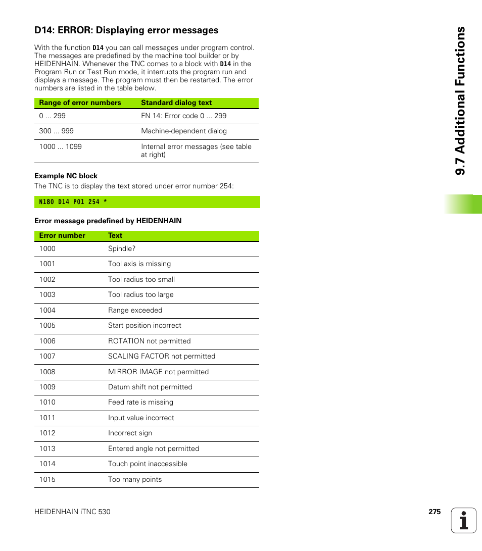 D14: error: displaying error messages, 7 a d ditional f unctions | HEIDENHAIN iTNC 530 (340 49x-06) ISO programming User Manual | Page 275 / 640