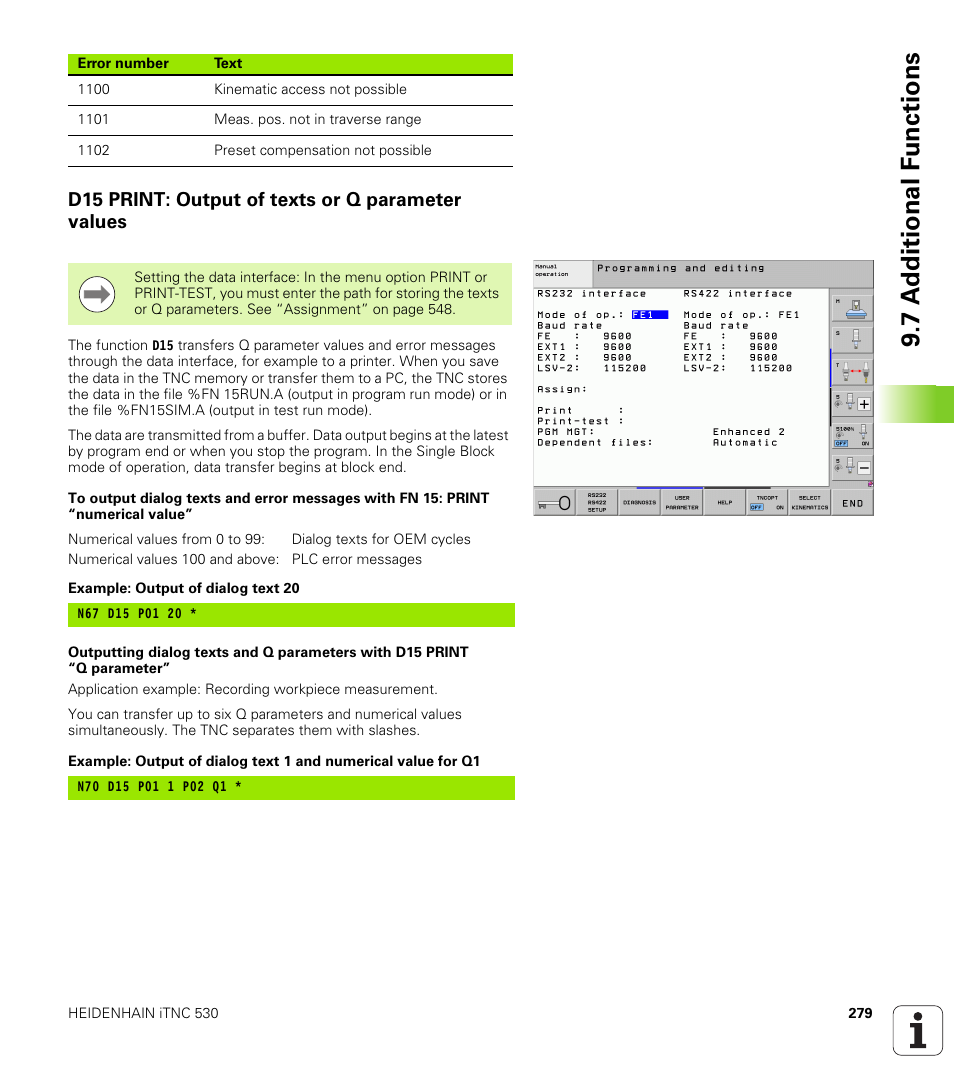 D15 print: output of texts or q parameter values, 7 a d ditional f unctions | HEIDENHAIN iTNC 530 (340 49x-06) ISO programming User Manual | Page 279 / 640