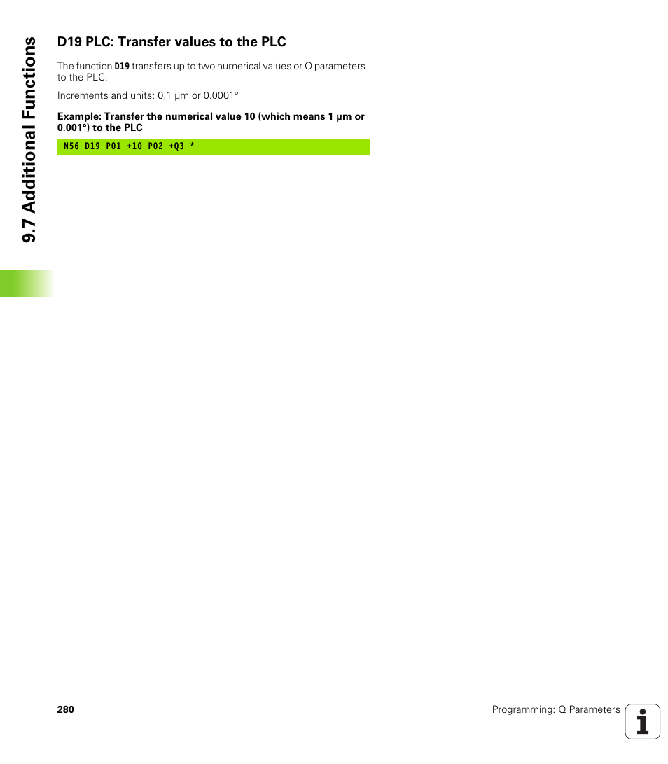 D19 plc: transfer values to the plc, 7 a d ditional f unctions | HEIDENHAIN iTNC 530 (340 49x-06) ISO programming User Manual | Page 280 / 640