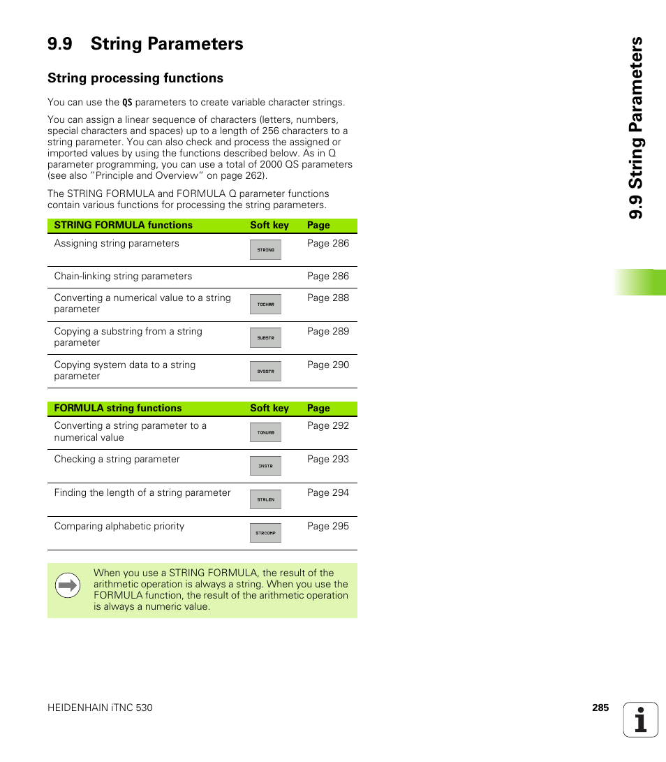 9 string parameters, String processing functions, 9 str ing p a ra met e rs 9.9 string parameters | HEIDENHAIN iTNC 530 (340 49x-06) ISO programming User Manual | Page 285 / 640