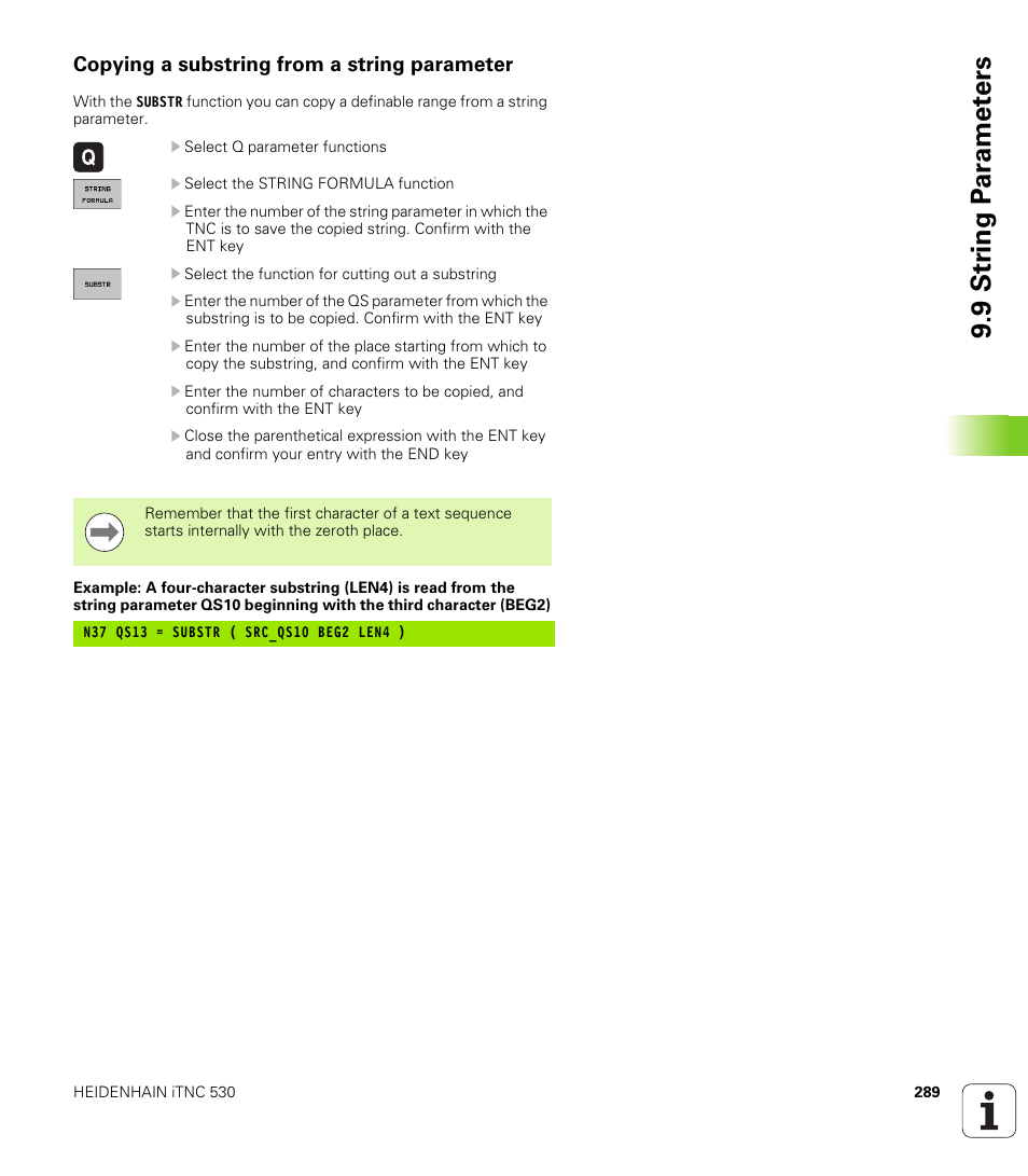 Copying a substring from a string parameter, 9 str ing p a ra met e rs | HEIDENHAIN iTNC 530 (340 49x-06) ISO programming User Manual | Page 289 / 640