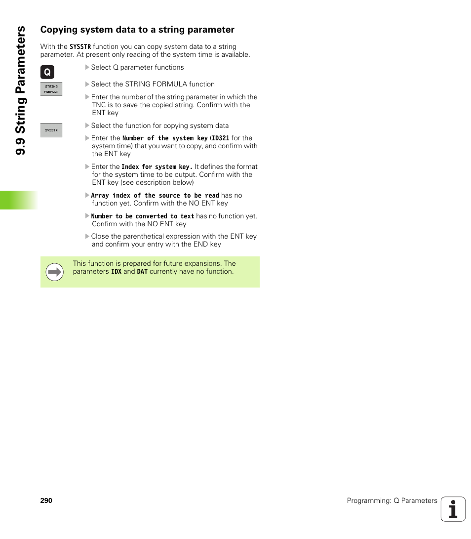 Copying system data to a string parameter, 9 str ing p a ra met e rs | HEIDENHAIN iTNC 530 (340 49x-06) ISO programming User Manual | Page 290 / 640