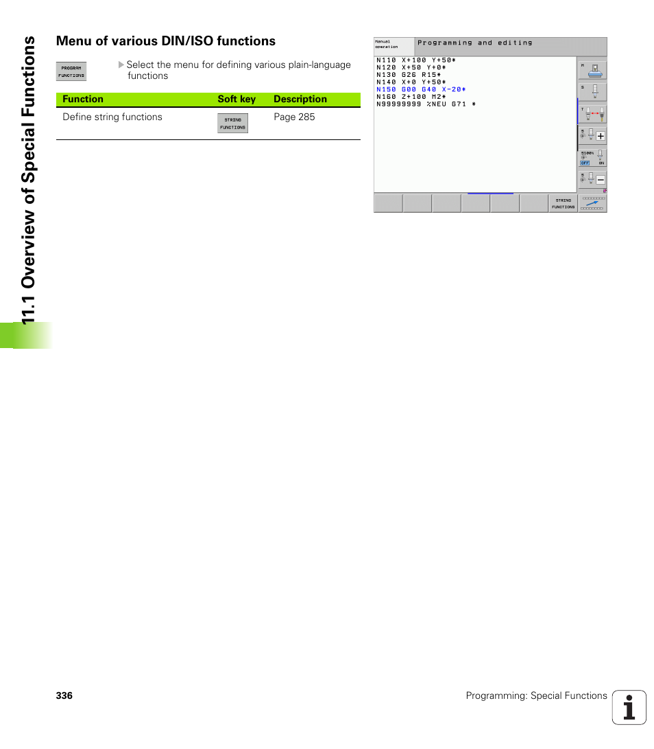 Menu of various din/iso functions, 1 ov erview of special f unctions | HEIDENHAIN iTNC 530 (340 49x-06) ISO programming User Manual | Page 336 / 640