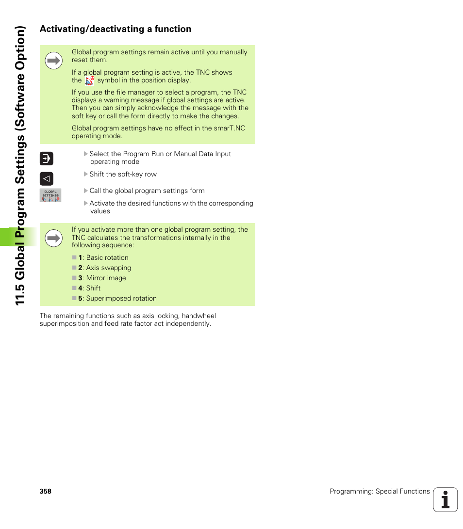 Activating/deactivating a function, 5 global pr ogr a m set tings (sof tw ar e option) | HEIDENHAIN iTNC 530 (340 49x-06) ISO programming User Manual | Page 358 / 640