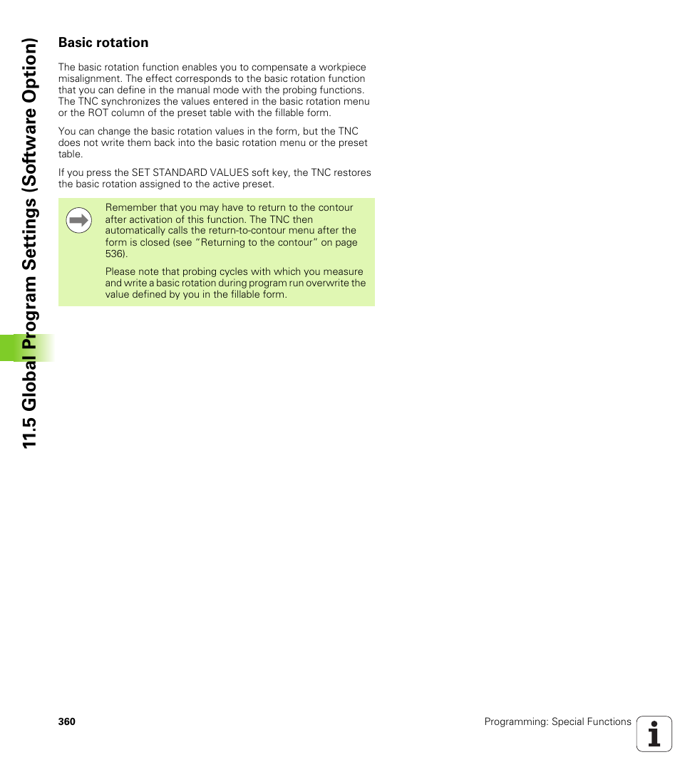 Basic rotation, 5 global pr ogr a m set tings (sof tw ar e option) | HEIDENHAIN iTNC 530 (340 49x-06) ISO programming User Manual | Page 360 / 640