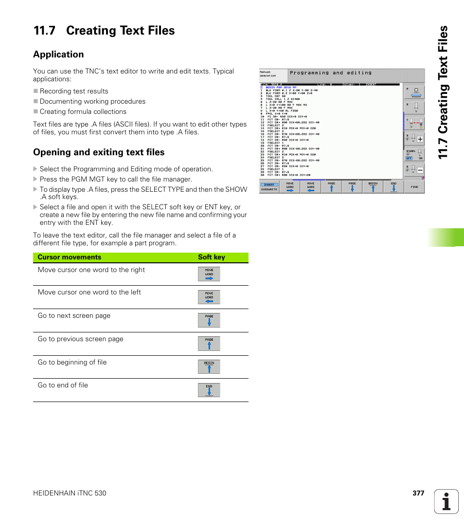 7 creating text files, Application, Opening and exiting text files | 7 cr eating t ext files 11.7 creating text files | HEIDENHAIN iTNC 530 (340 49x-06) ISO programming User Manual | Page 377 / 640