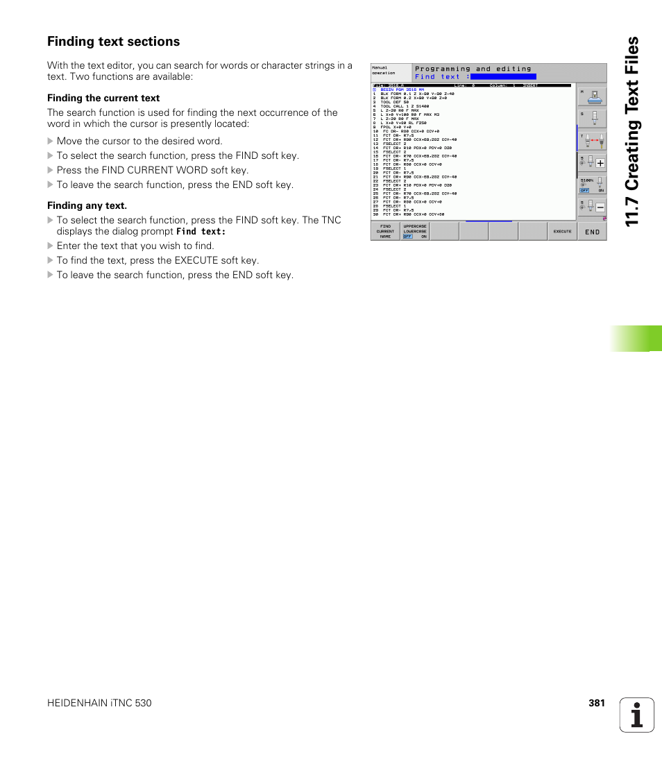 Finding text sections, 7 cr eating t ext files | HEIDENHAIN iTNC 530 (340 49x-06) ISO programming User Manual | Page 381 / 640