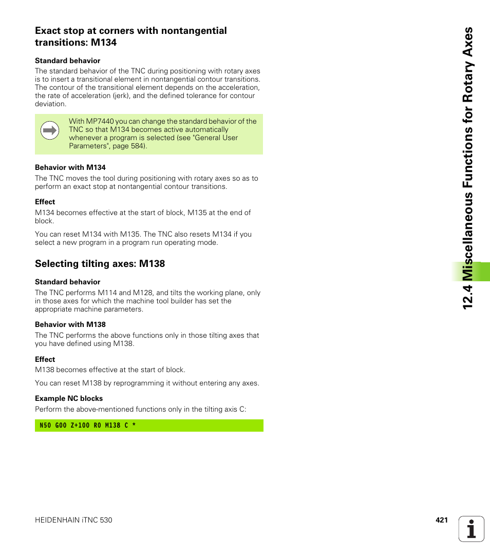 Selecting tilting axes: m138, 4 miscellaneous f unctions f or rotary ax es | HEIDENHAIN iTNC 530 (340 49x-06) ISO programming User Manual | Page 421 / 640