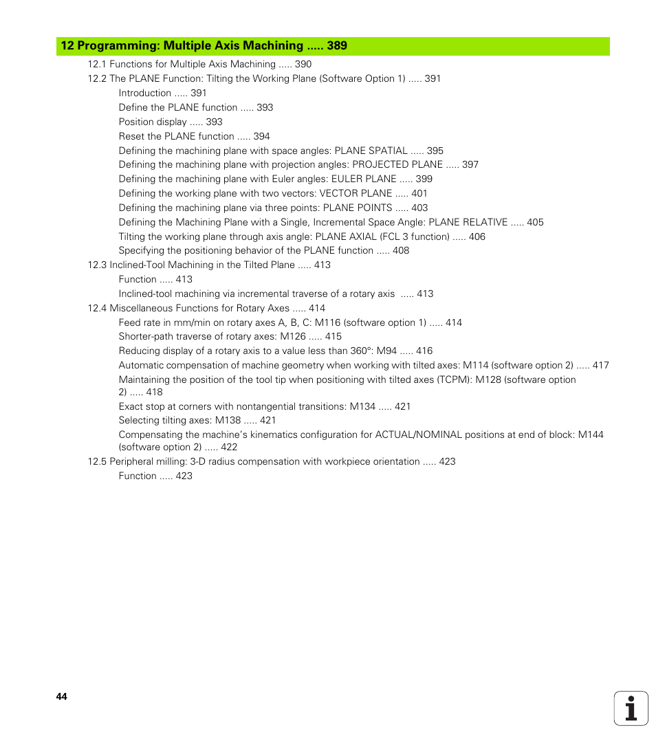 12 programming: multiple axis machining, Programming: special functions | HEIDENHAIN iTNC 530 (340 49x-06) ISO programming User Manual | Page 44 / 640