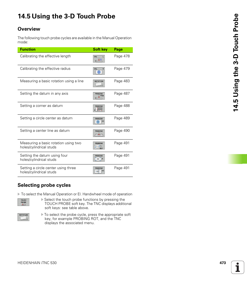 5 using the 3-d touch probe, Overview, Selecting probe cycles | HEIDENHAIN iTNC 530 (340 49x-06) ISO programming User Manual | Page 473 / 640
