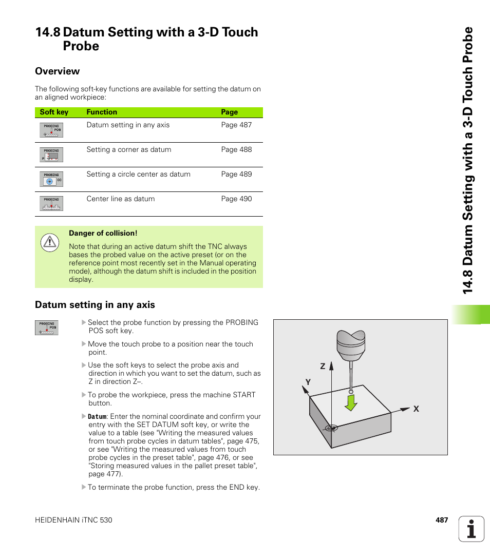 8 datum setting with a 3-d touch probe, Overview, Datum setting in any axis | HEIDENHAIN iTNC 530 (340 49x-06) ISO programming User Manual | Page 487 / 640