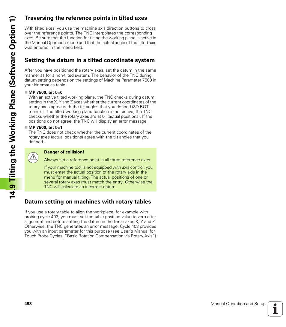 Traversing the reference points in tilted axes, Setting the datum in a tilted coordinate system, Datum setting on machines with rotary tables | HEIDENHAIN iTNC 530 (340 49x-06) ISO programming User Manual | Page 498 / 640