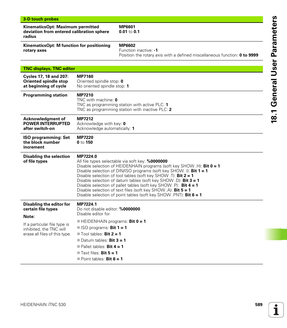 18 .1 gener a l user p a ra met e rs | HEIDENHAIN iTNC 530 (340 49x-06) ISO programming User Manual | Page 589 / 640