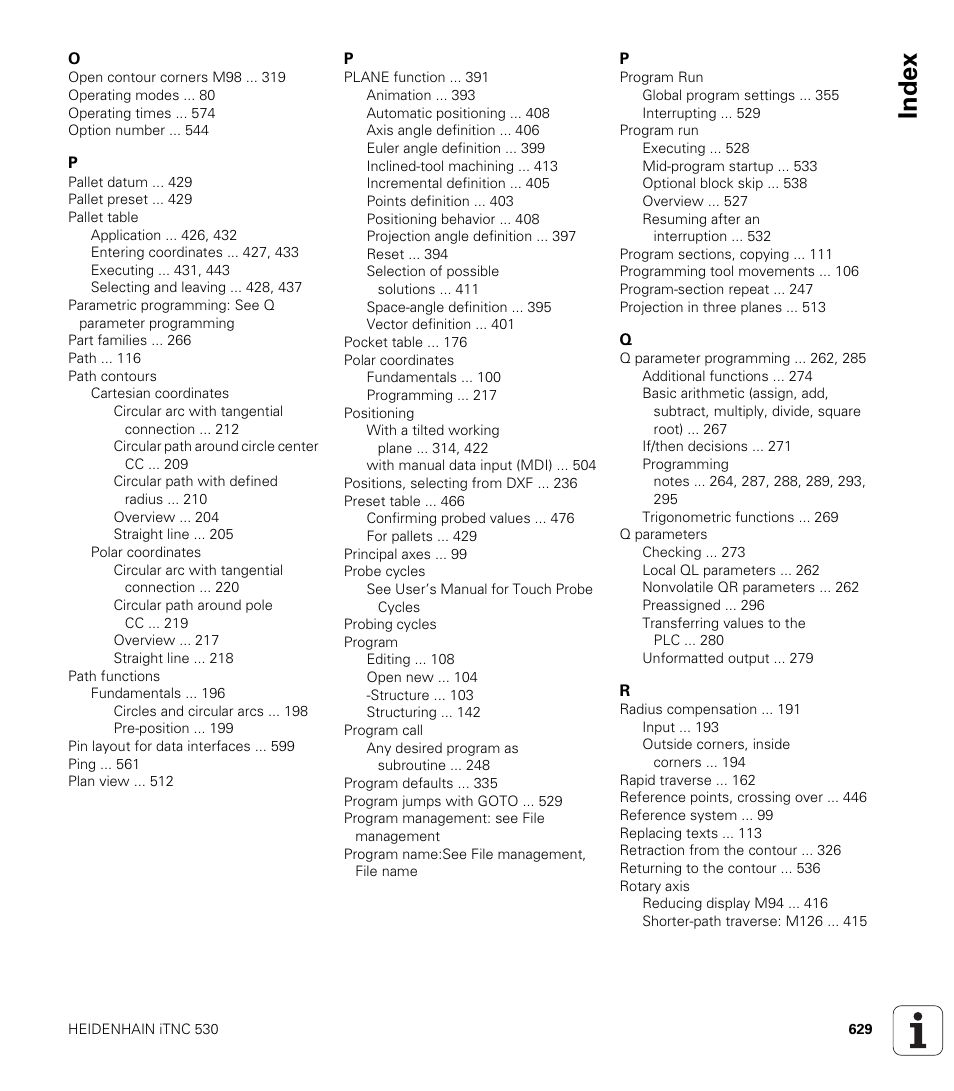 Index | HEIDENHAIN iTNC 530 (340 49x-06) ISO programming User Manual | Page 629 / 640
