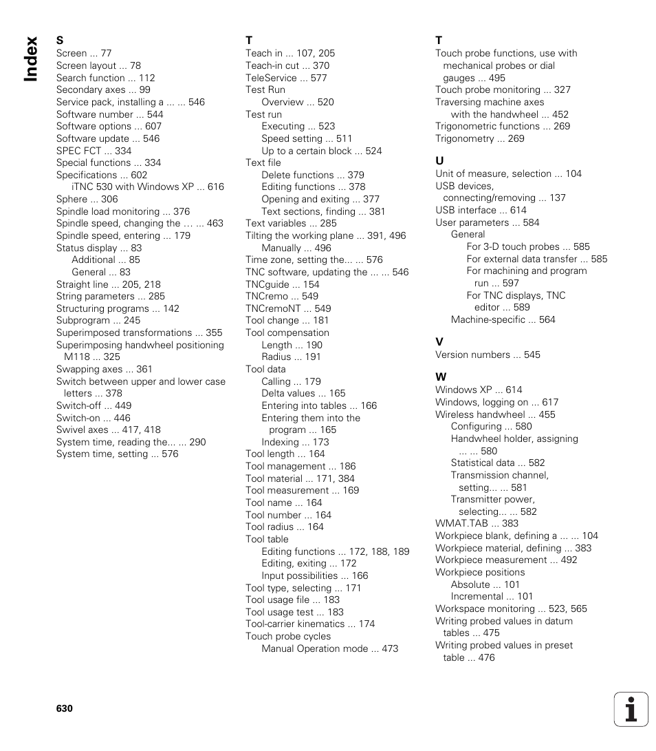 Index | HEIDENHAIN iTNC 530 (340 49x-06) ISO programming User Manual | Page 630 / 640
