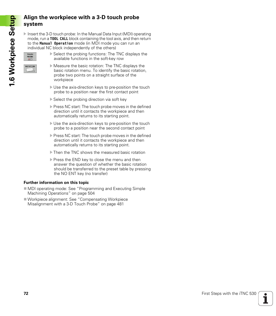 Align the workpiece with a 3-d touch probe system, 6 w o rkpiece set u p | HEIDENHAIN iTNC 530 (340 49x-06) ISO programming User Manual | Page 72 / 640