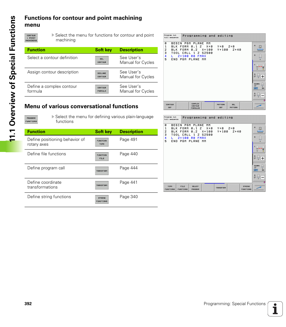 Functions for contour and point machining menu, Menu of various conversational functions, 1 ov erview of special f unctions | HEIDENHAIN 530 (340 49x-07) User Manual | Page 392 / 729