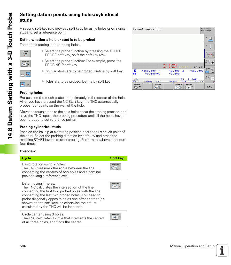 Setting datum points using holes/cylindrical studs, 8 d a tu m set ting with a 3-d t o uc h pr obe | HEIDENHAIN 530 (340 49x-07) User Manual | Page 584 / 729