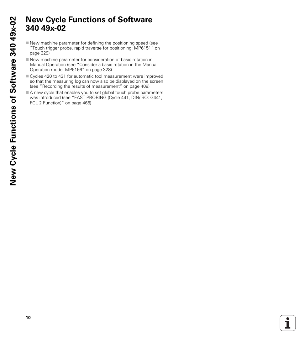 New cycle functions of software 340 49x-02 | HEIDENHAIN 530 (340 49x-07) Cycle programming User Manual | Page 10 / 525