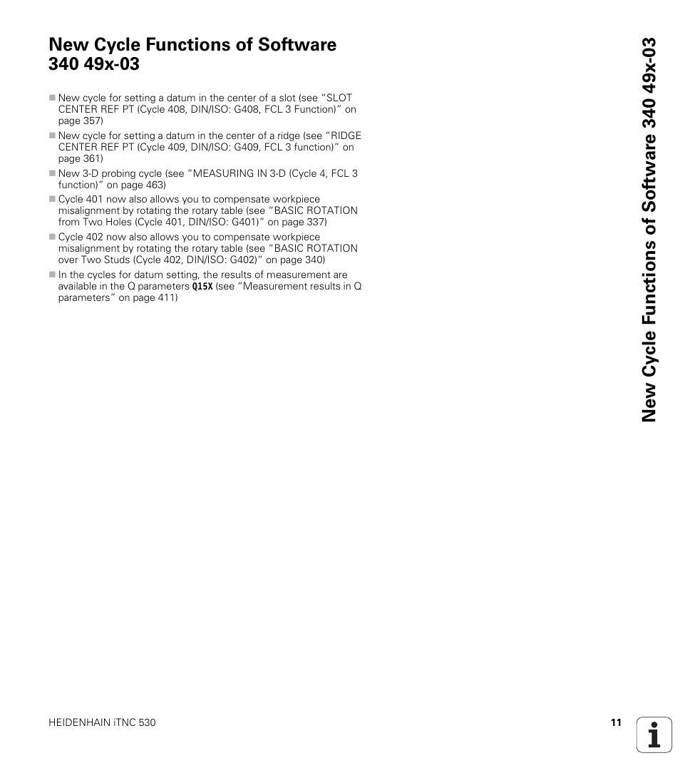 New cycle functions of software 340 49x-03 | HEIDENHAIN 530 (340 49x-07) Cycle programming User Manual | Page 11 / 525