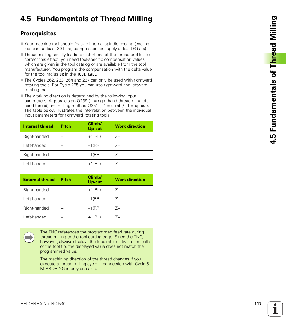 5 fundamentals of thread milling, Prerequisites | HEIDENHAIN 530 (340 49x-07) Cycle programming User Manual | Page 117 / 525