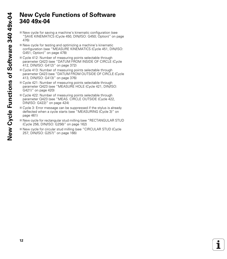New cycle functions of software 340 49x-04 | HEIDENHAIN 530 (340 49x-07) Cycle programming User Manual | Page 12 / 525