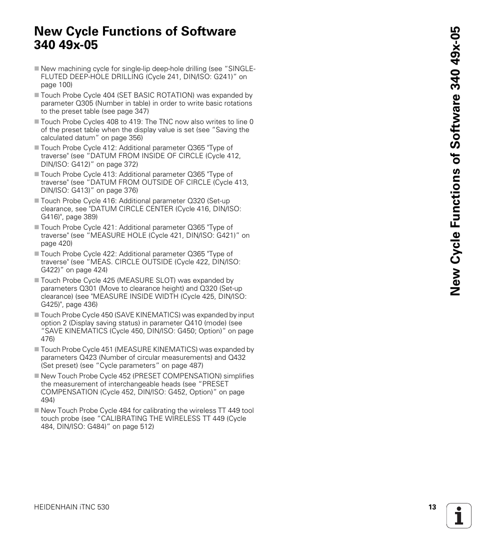 New cycle functions of software 340 49x-05 | HEIDENHAIN 530 (340 49x-07) Cycle programming User Manual | Page 13 / 525