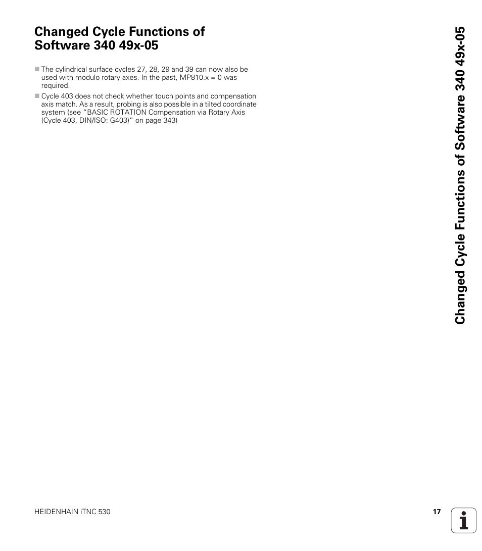 Changed cycle functions of software 340 49x-05 | HEIDENHAIN 530 (340 49x-07) Cycle programming User Manual | Page 17 / 525